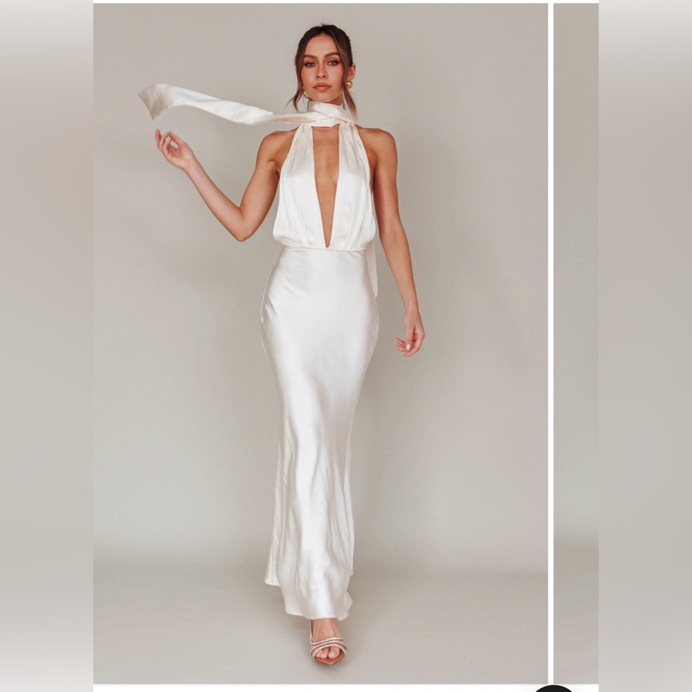 Selfie Leslie White Satin Backless Halter Gown